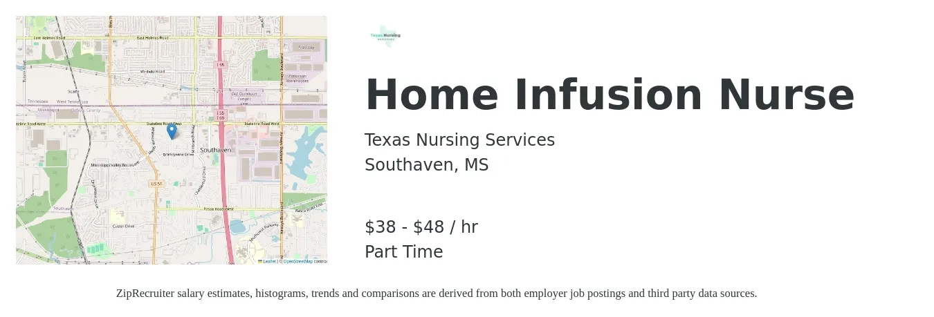 Texas Nursing Services job posting for a Home Infusion Nurse in Southaven, MS with a salary of $40 to $50 Hourly with a map of Southaven location.