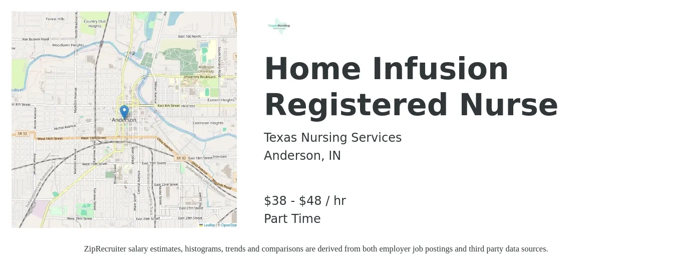 Texas Nursing Services job posting for a Home Infusion Registered Nurse in Anderson, IN with a salary of $40 to $50 Hourly with a map of Anderson location.