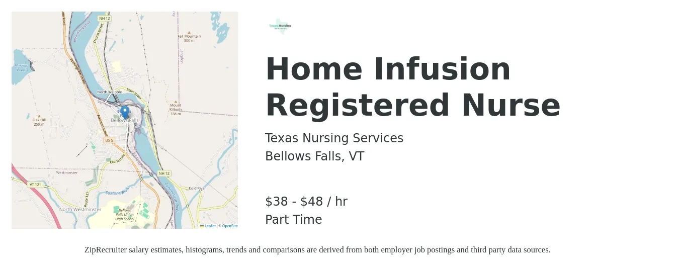 Texas Nursing Services job posting for a Home Infusion Registered Nurse in Bellows Falls, VT with a salary of $40 to $50 Hourly with a map of Bellows Falls location.