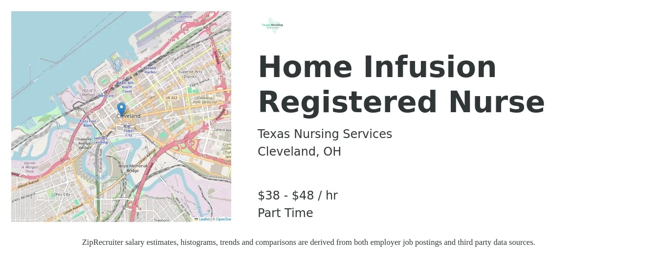 Texas Nursing Services job posting for a Home Infusion Registered Nurse in Cleveland, OH with a salary of $40 to $50 Hourly with a map of Cleveland location.