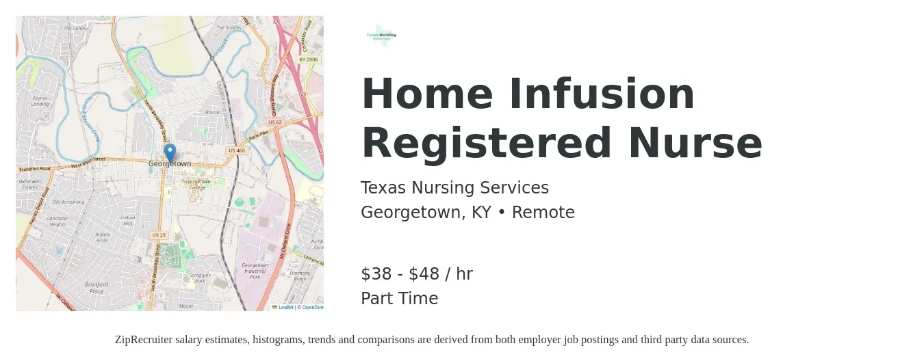 Texas Nursing Services job posting for a Home Infusion Registered Nurse in Georgetown, KY with a salary of $40 to $50 Hourly with a map of Georgetown location.