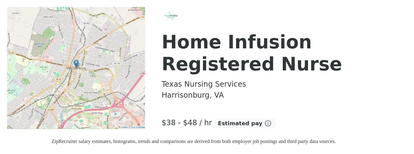 Texas Nursing Services job posting for a Home Infusion Registered Nurse in Harrisonburg, VA with a salary of $40 to $50 Hourly with a map of Harrisonburg location.