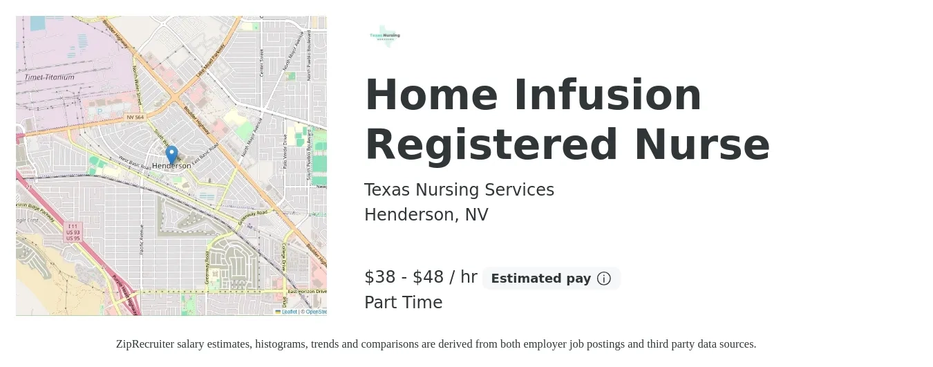 Texas Nursing Services job posting for a Home Infusion Registered Nurse in Henderson, NV with a salary of $40 to $50 Hourly with a map of Henderson location.