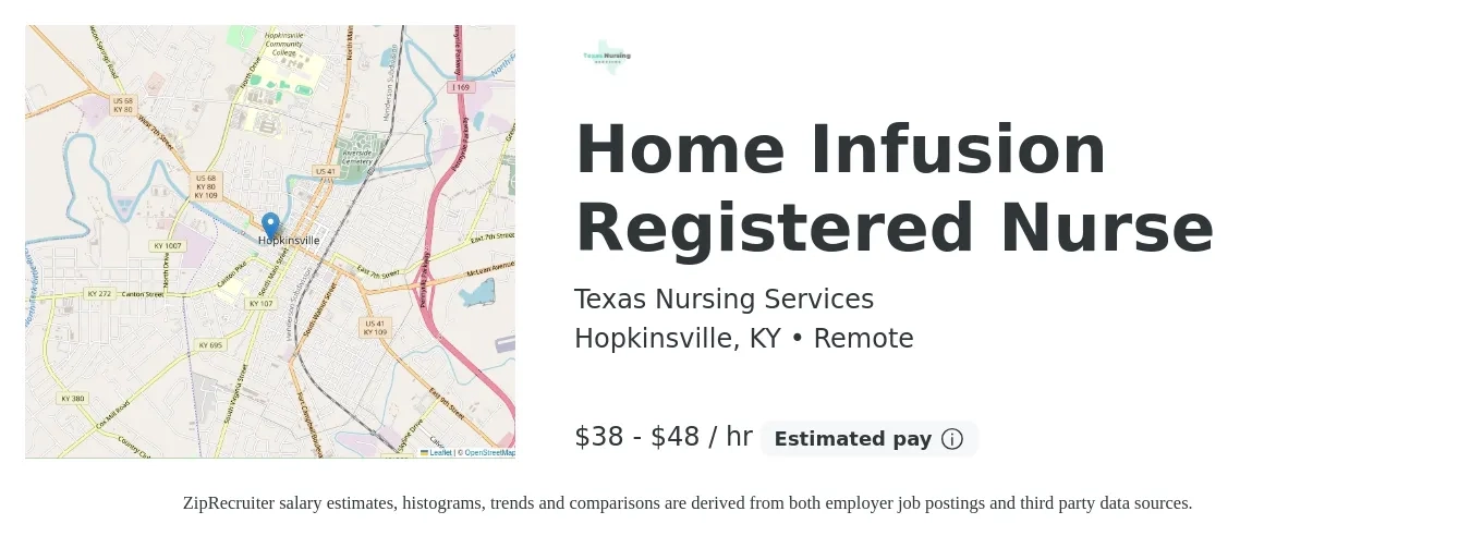 Texas Nursing Services job posting for a Home Infusion Registered Nurse in Hopkinsville, KY with a salary of $40 to $50 Hourly with a map of Hopkinsville location.