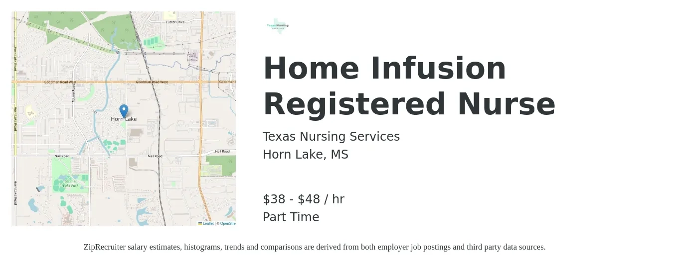 Texas Nursing Services job posting for a Home Infusion Registered Nurse in Horn Lake, MS with a salary of $40 to $50 Hourly with a map of Horn Lake location.