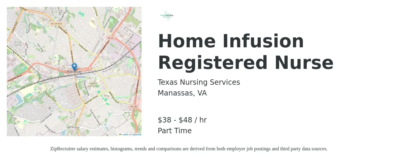 Texas Nursing Services job posting for a Home Infusion Registered Nurse in Manassas, VA with a salary of $40 to $50 Hourly with a map of Manassas location.