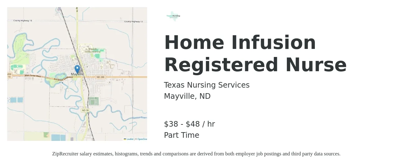Texas Nursing Services job posting for a Home Infusion Registered Nurse in Mayville, ND with a salary of $40 to $50 Hourly with a map of Mayville location.