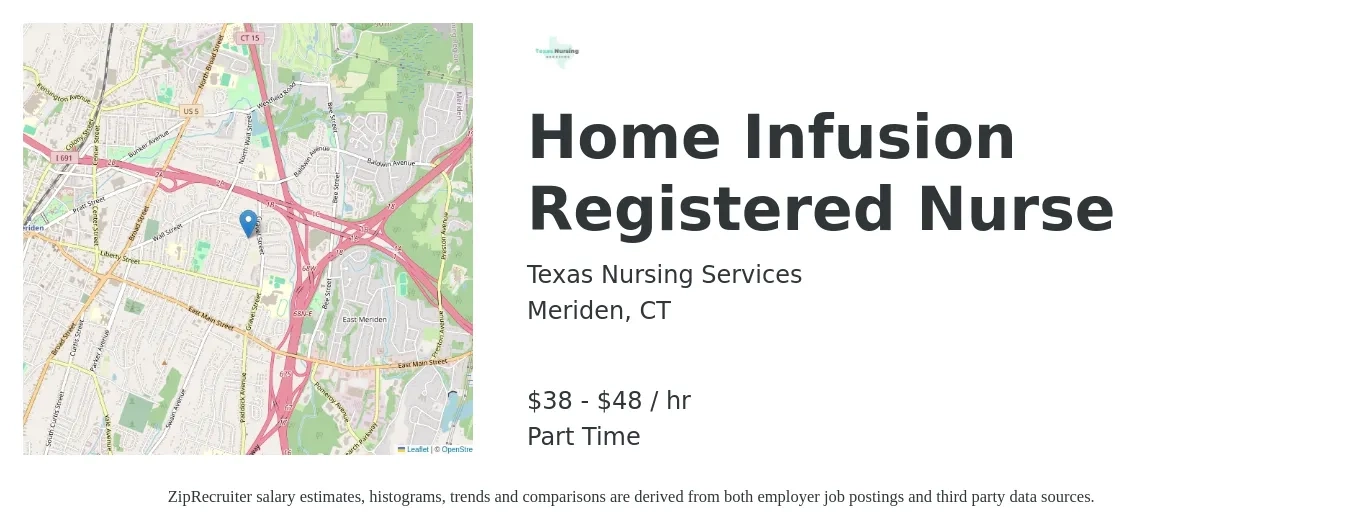 Texas Nursing Services job posting for a Home Infusion Registered Nurse in Meriden, CT with a salary of $40 to $50 Hourly with a map of Meriden location.