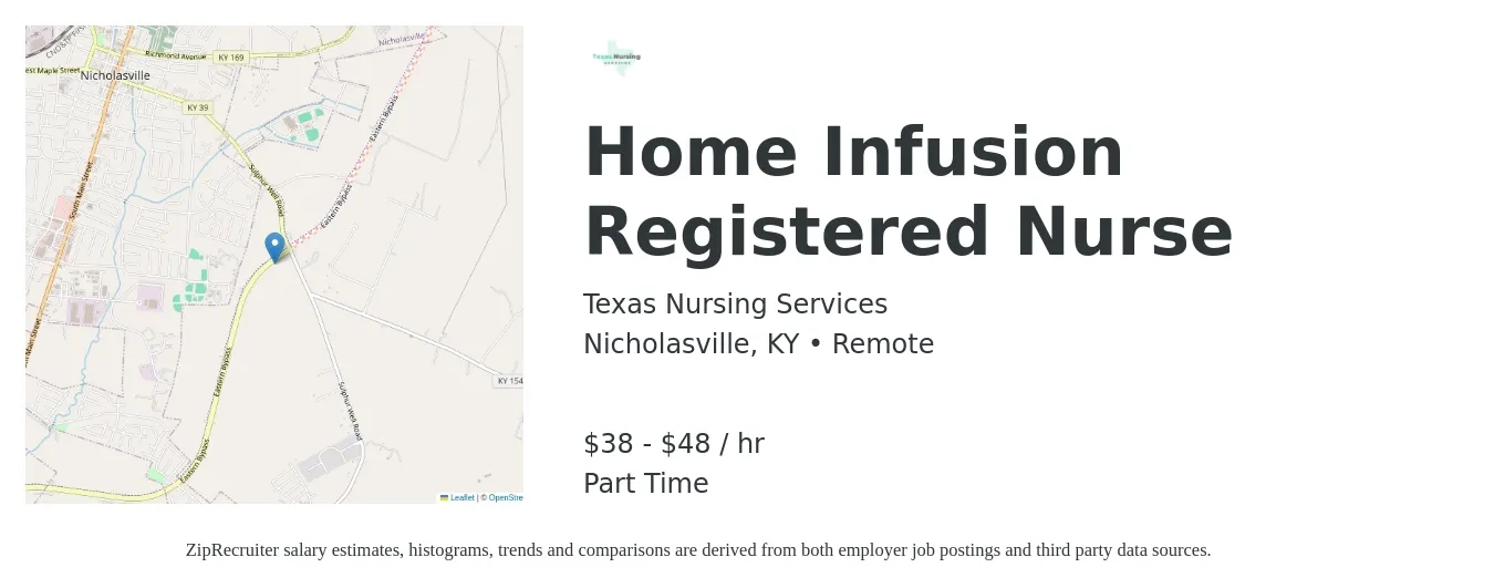 Texas Nursing Services job posting for a Home Infusion Registered Nurse in Nicholasville, KY with a salary of $40 to $50 Hourly with a map of Nicholasville location.