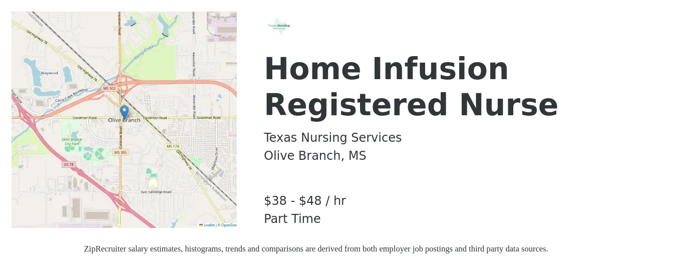 Texas Nursing Services job posting for a Home Infusion Registered Nurse in Olive Branch, MS with a salary of $40 to $50 Hourly with a map of Olive Branch location.