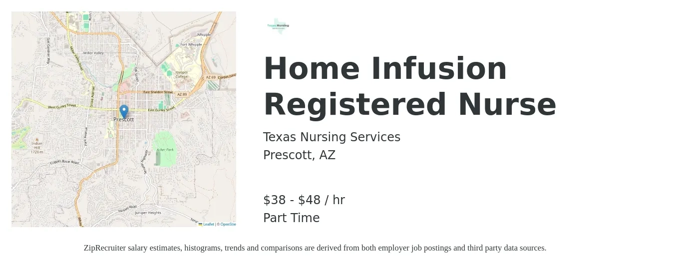 Texas Nursing Services job posting for a Home Infusion Registered Nurse in Prescott, AZ with a salary of $40 to $50 Hourly with a map of Prescott location.