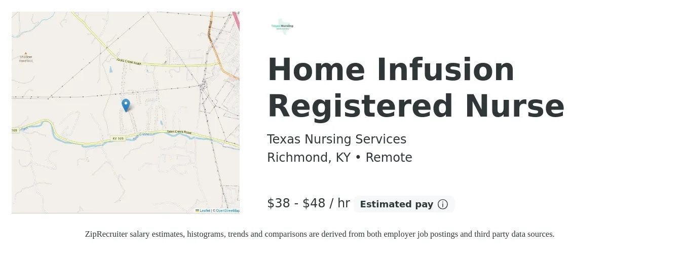 Texas Nursing Services job posting for a Home Infusion Registered Nurse in Richmond, KY with a salary of $40 to $50 Hourly with a map of Richmond location.