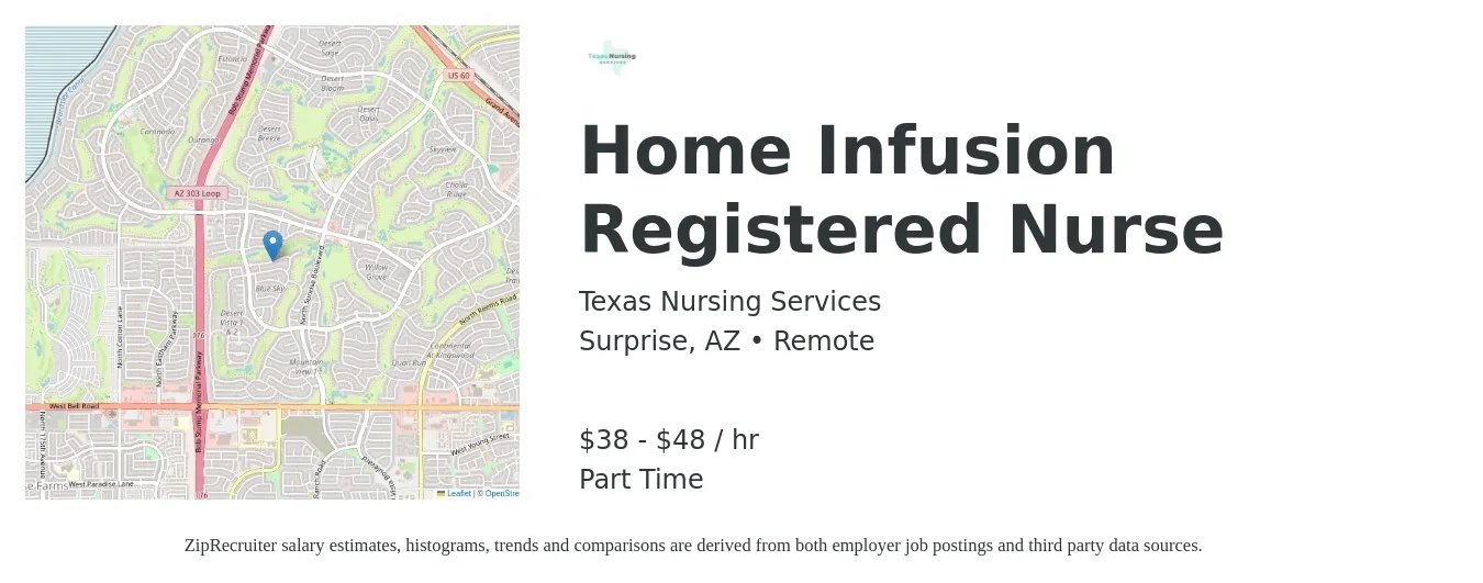 Texas Nursing Services job posting for a Home Infusion Registered Nurse in Surprise, AZ with a salary of $40 to $50 Hourly with a map of Surprise location.