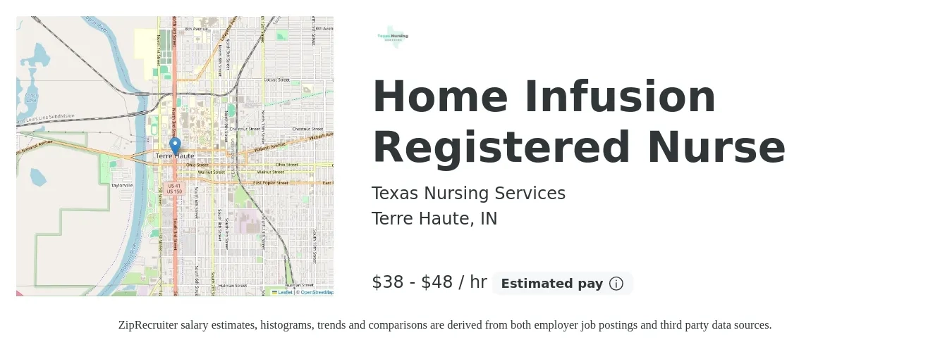 Texas Nursing Services job posting for a Home Infusion Registered Nurse in Terre Haute, IN with a salary of $40 to $50 Hourly with a map of Terre Haute location.