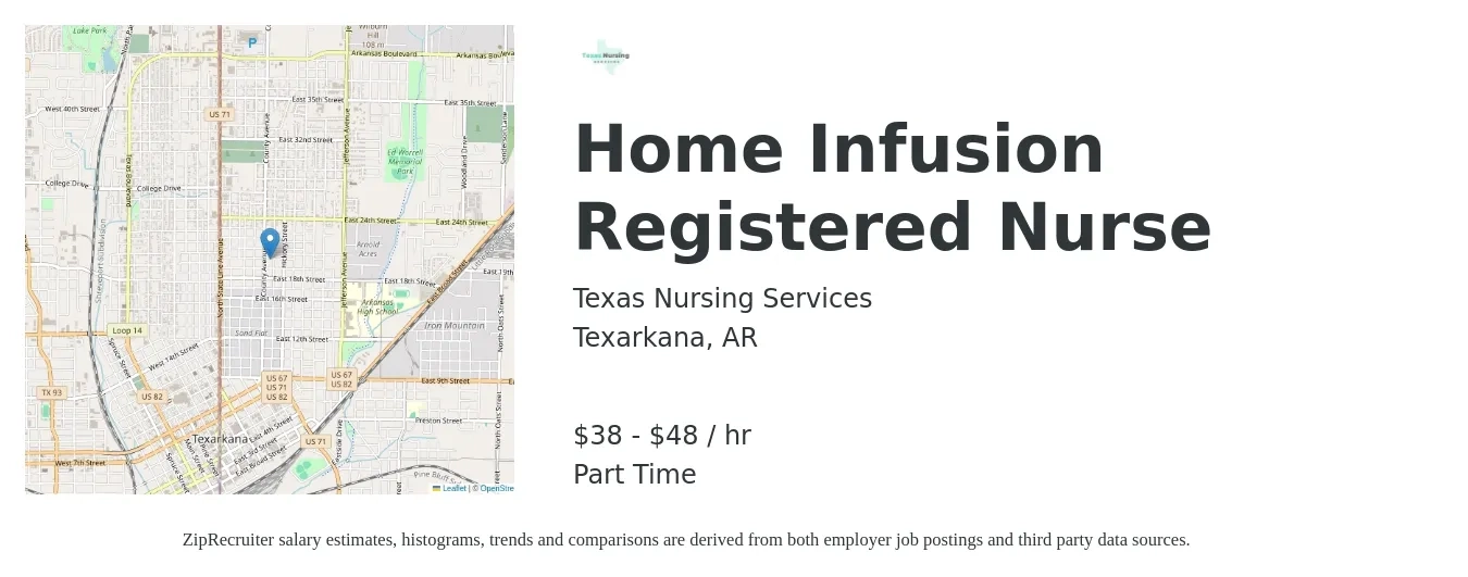 Texas Nursing Services job posting for a Home Infusion Registered Nurse in Texarkana, AR with a salary of $40 to $50 Hourly with a map of Texarkana location.