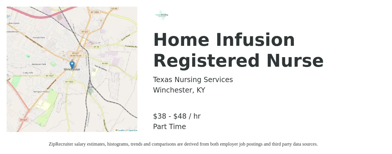 Texas Nursing Services job posting for a Home Infusion Registered Nurse in Winchester, KY with a salary of $40 to $50 Hourly with a map of Winchester location.