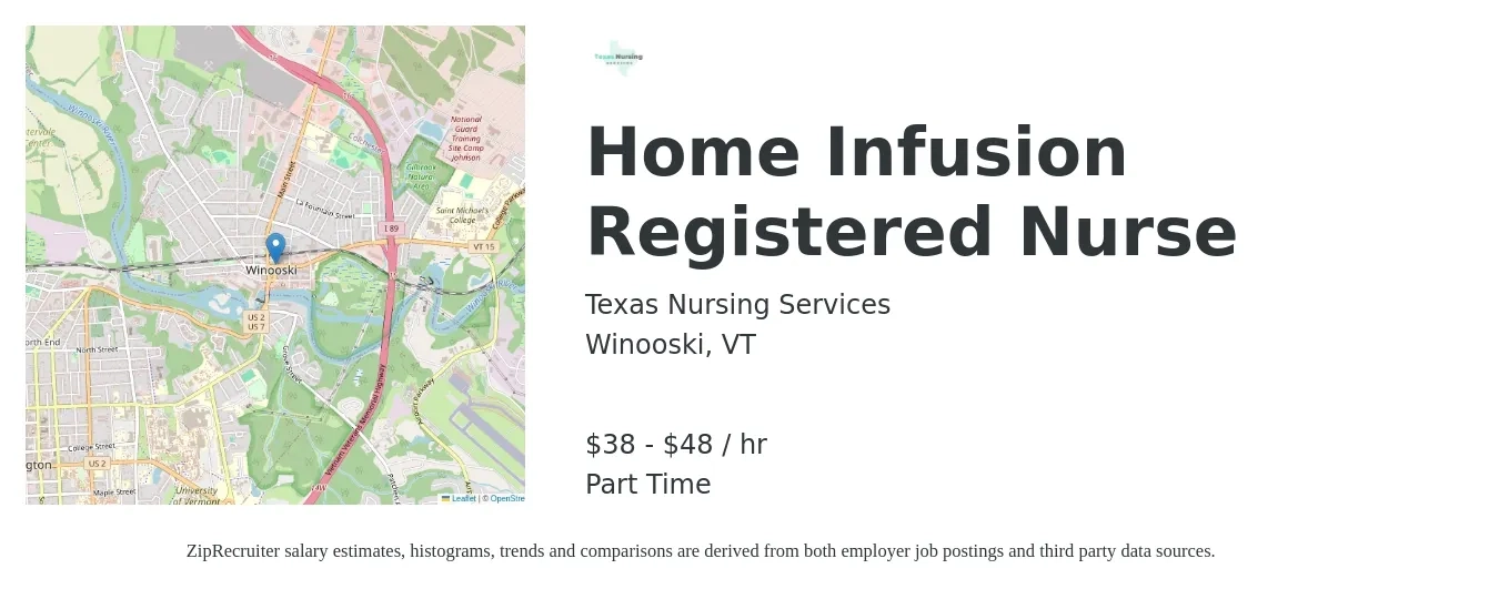Texas Nursing Services job posting for a Home Infusion Registered Nurse in Winooski, VT with a salary of $40 to $50 Hourly with a map of Winooski location.