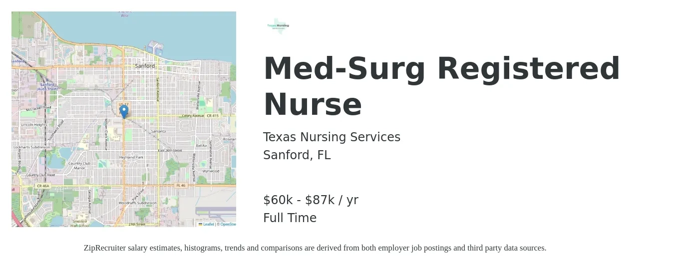 Texas Nursing Services job posting for a Med-Surg Registered Nurse in Sanford, FL with a salary of $29 to $47 Hourly with a map of Sanford location.