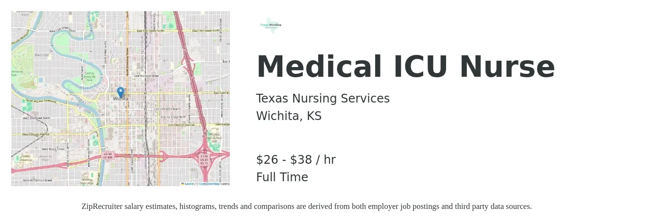 Texas Nursing Services job posting for a Medical ICU Nurse in Wichita, KS with a salary of $28 to $44 Hourly with a map of Wichita location.