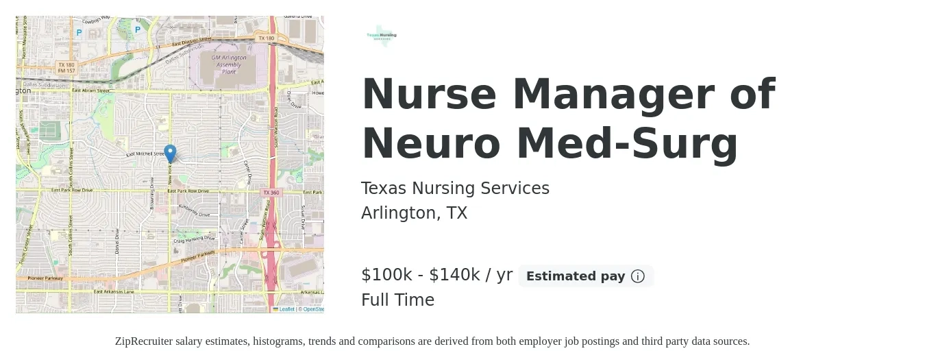 Texas Nursing Services job posting for a Nurse Manager of Neuro Med-Surg in Arlington, TX with a salary of $100,000 to $140,000 Yearly with a map of Arlington location.