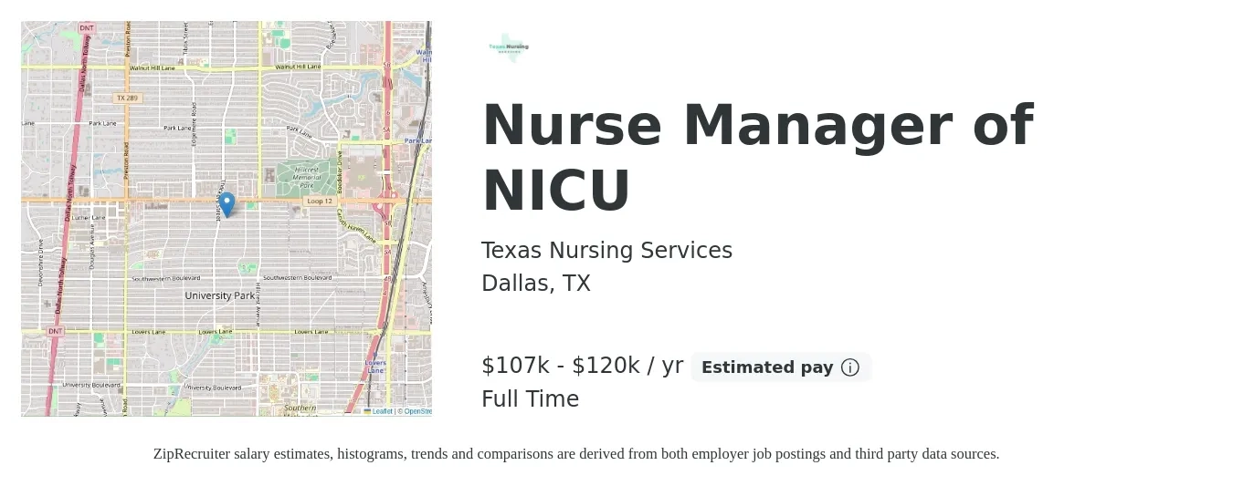 Texas Nursing Services job posting for a Nurse Manager of NICU in Dallas, TX with a salary of $107,000 to $120,000 Yearly with a map of Dallas location.