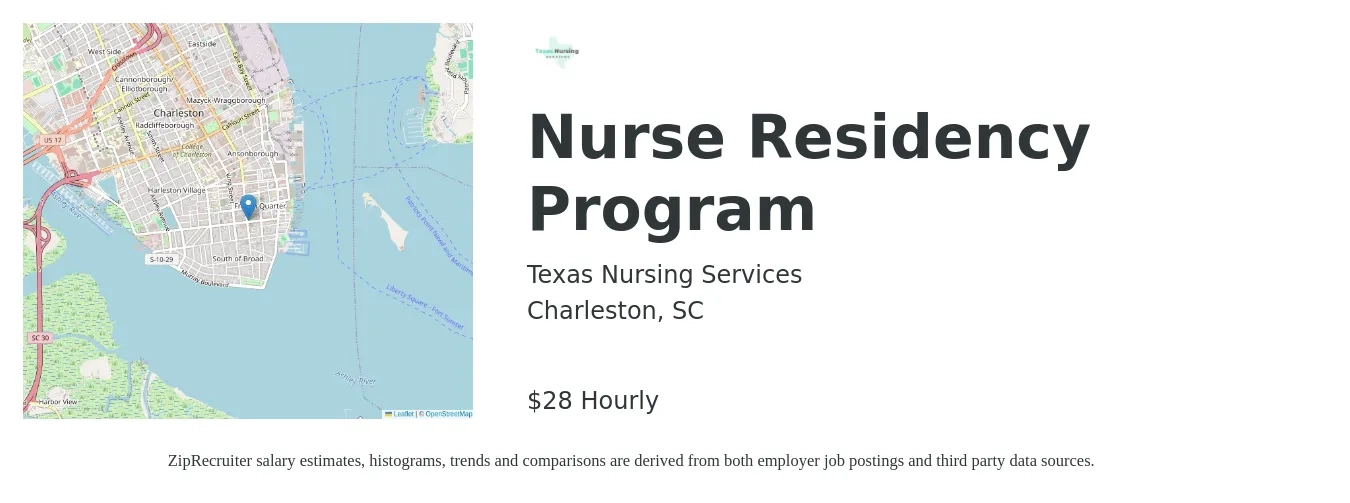 Texas Nursing Services job posting for a Nurse Residency Program in Charleston, SC with a salary of $62,000 to $70,000 Yearly with a map of Charleston location.