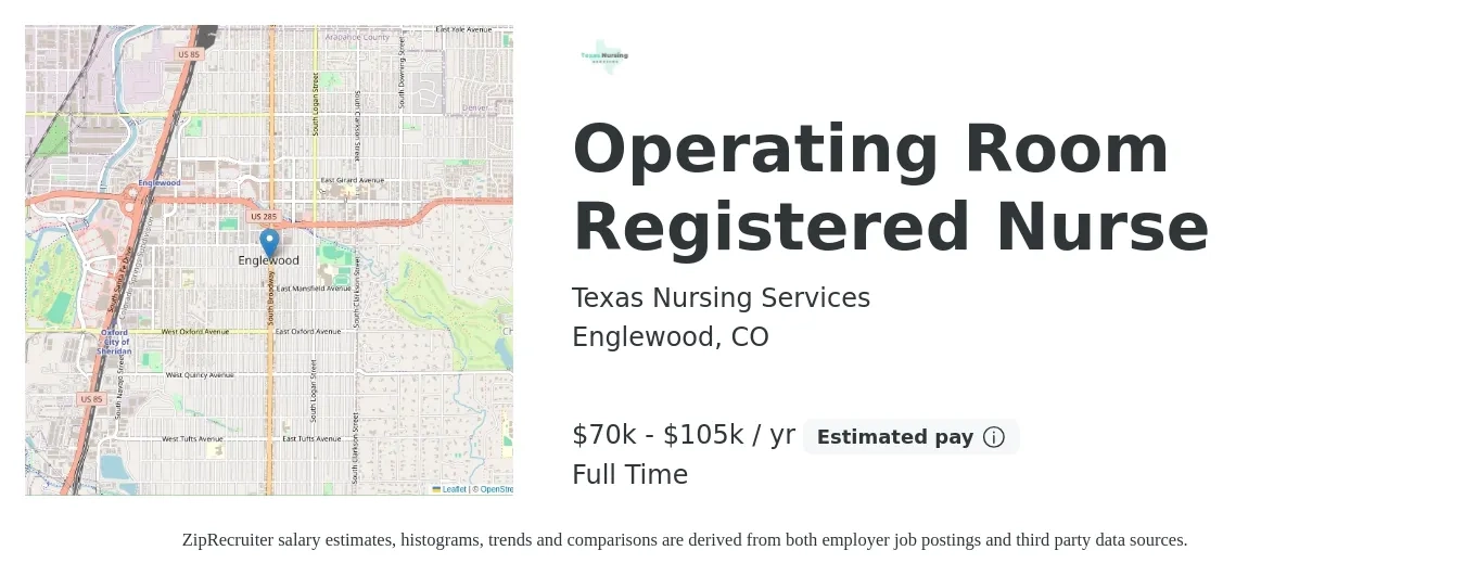 Texas Nursing Services job posting for a Operating Room Registered Nurse in Englewood, CO with a salary of $70,000 to $105,000 Yearly with a map of Englewood location.
