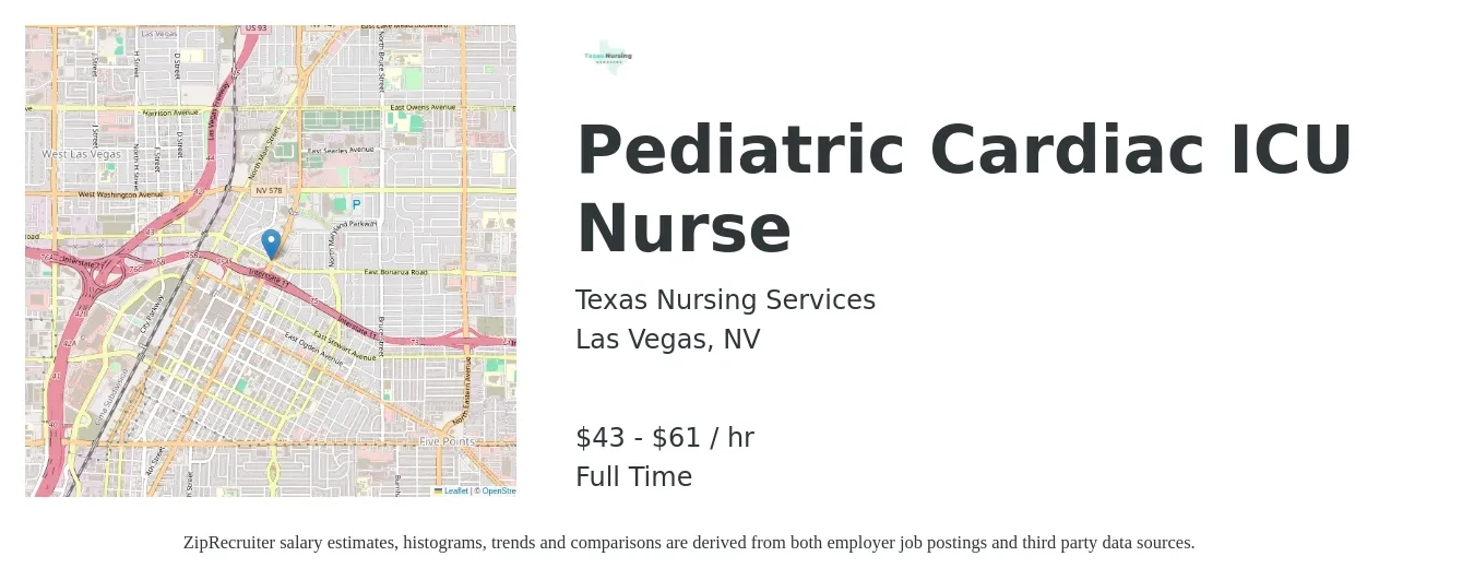 Texas Nursing Services job posting for a Pediatric Cardiac ICU Nurse in Las Vegas, NV with a salary of $94,328 to $138,258 Yearly with a map of Las Vegas location.