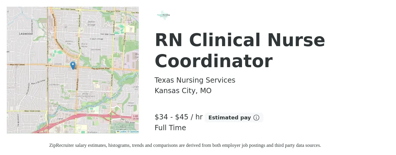 Texas Nursing Services job posting for a RN Clinical Nurse Coordinator in Kansas City, MO with a salary of $36 to $48 Hourly with a map of Kansas City location.