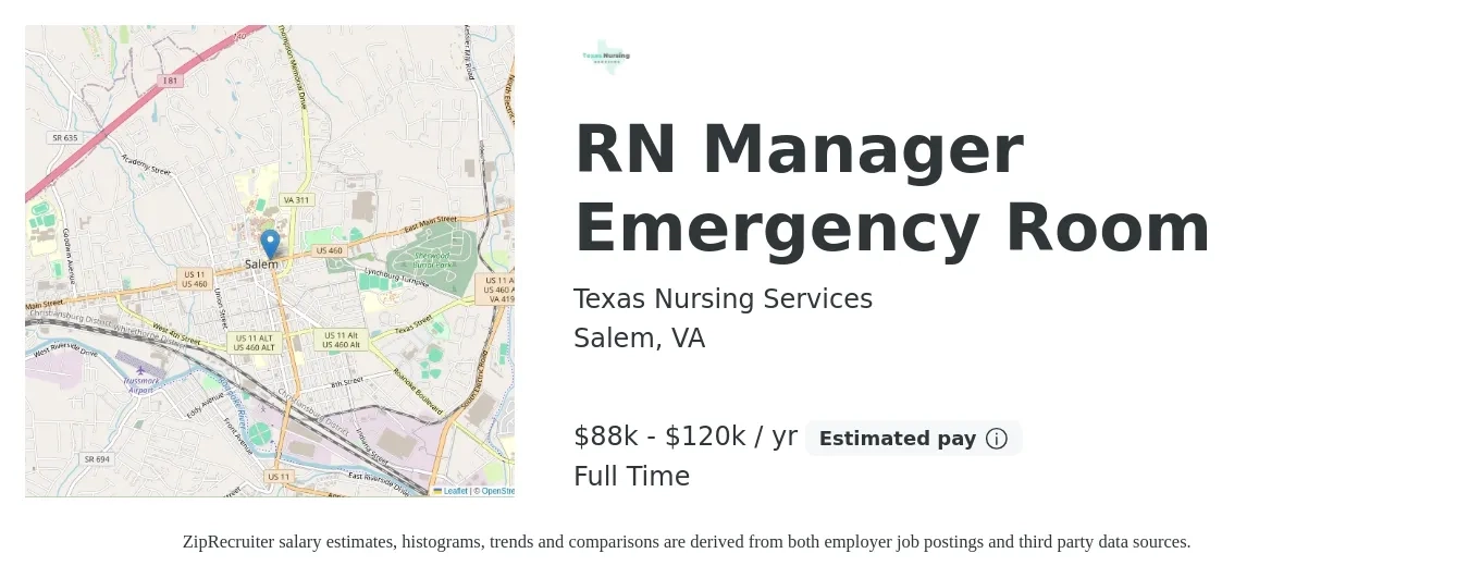 Texas Nursing Services job posting for a RN Manager Emergency Room in Salem, VA with a salary of $88,504 to $120,702 Yearly with a map of Salem location.