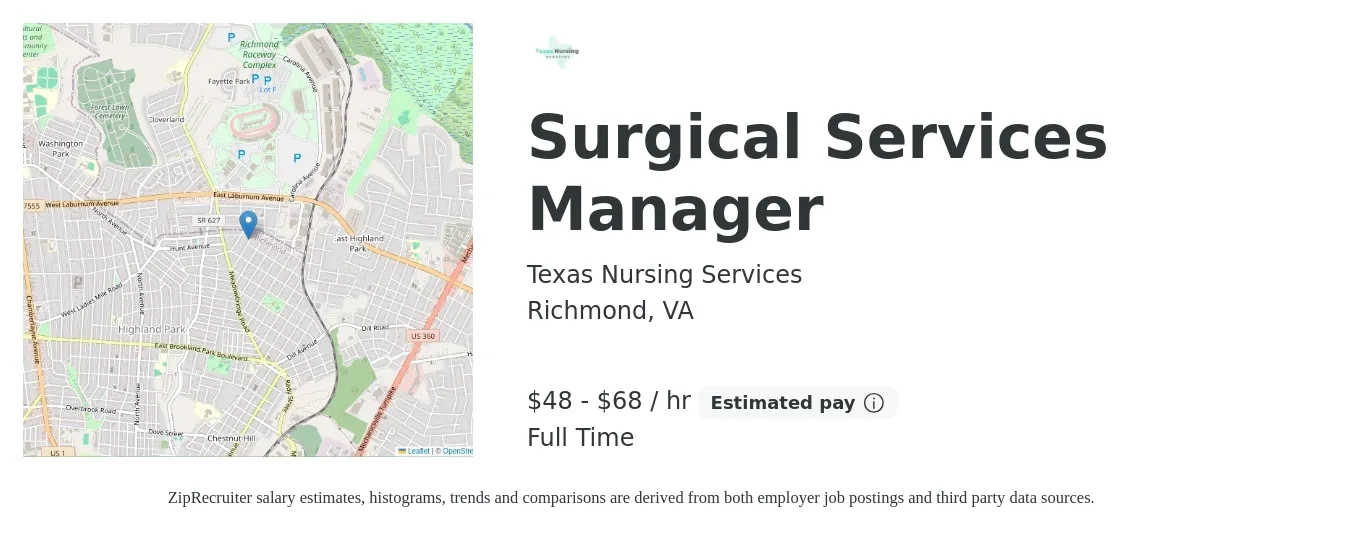 Texas Nursing Services job posting for a Surgical Services Manager in Richmond, VA with a salary of $50 to $71 Hourly with a map of Richmond location.
