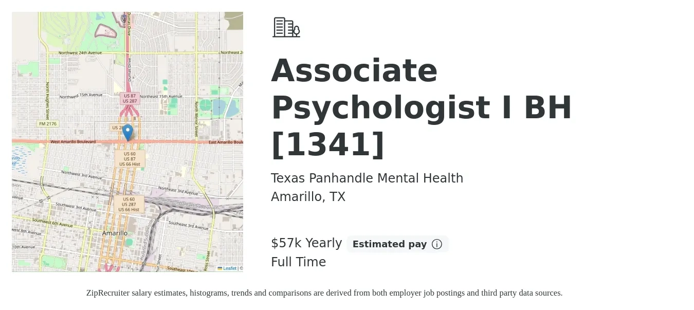 Texas Panhandle Mental Health job posting for a Associate Psychologist I BH [1341] in Amarillo, TX with a salary of $57,034 Yearly with a map of Amarillo location.