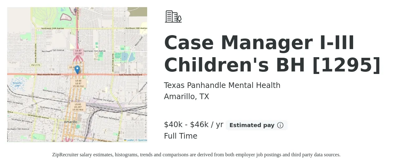 Texas Panhandle Mental Health job posting for a Case Manager I-III Children's BH [1295] in Amarillo, TX with a salary of $40,810 to $46,010 Yearly with a map of Amarillo location.