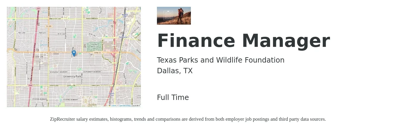 Texas Parks and Wildlife Foundation job posting for a Finance Manager in Dallas, TX with a salary of $93,500 to $166,200 Yearly with a map of Dallas location.