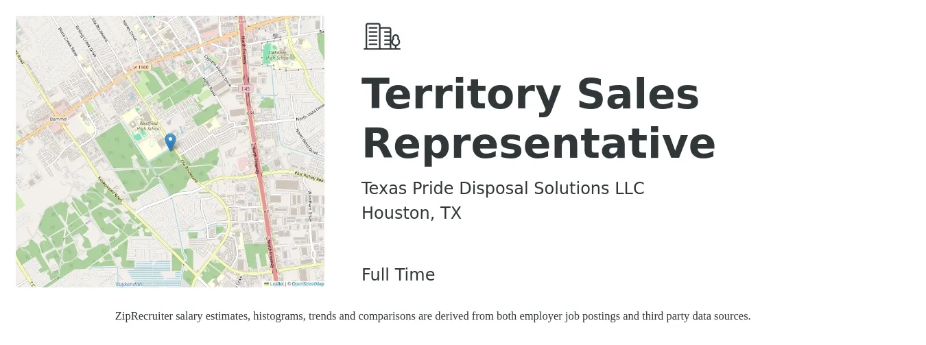 Texas Pride Disposal Solutions LLC job posting for a Territory Sales Representative in Houston, TX with a salary of $47,700 to $79,200 Yearly with a map of Houston location.