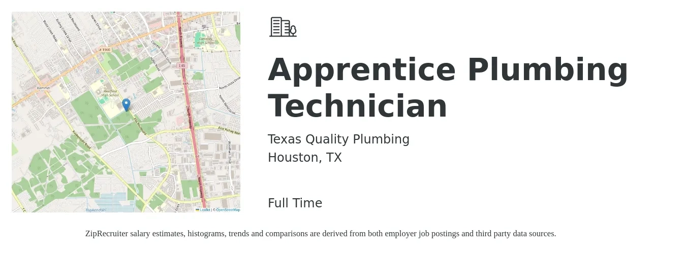 Texas Quality Plumbing job posting for a Apprentice Plumbing Technician in Houston, TX with a salary of $16 to $23 Hourly with a map of Houston location.