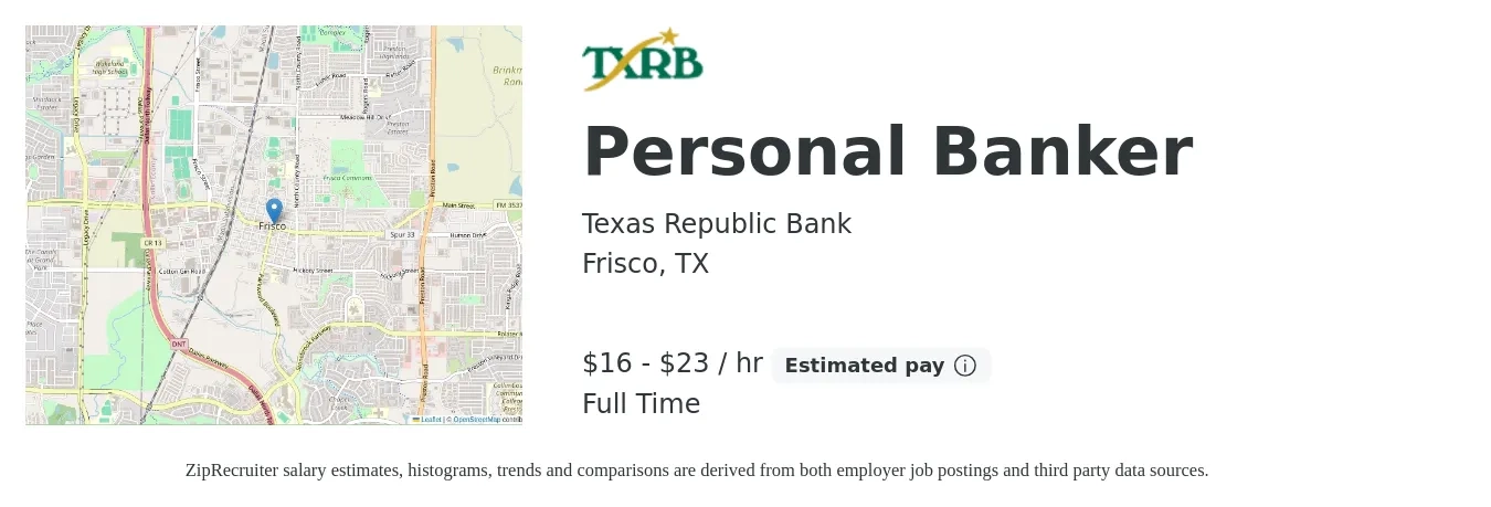 Texas Republic Bank job posting for a Personal Banker in Frisco, TX with a salary of $17 to $24 Hourly with a map of Frisco location.