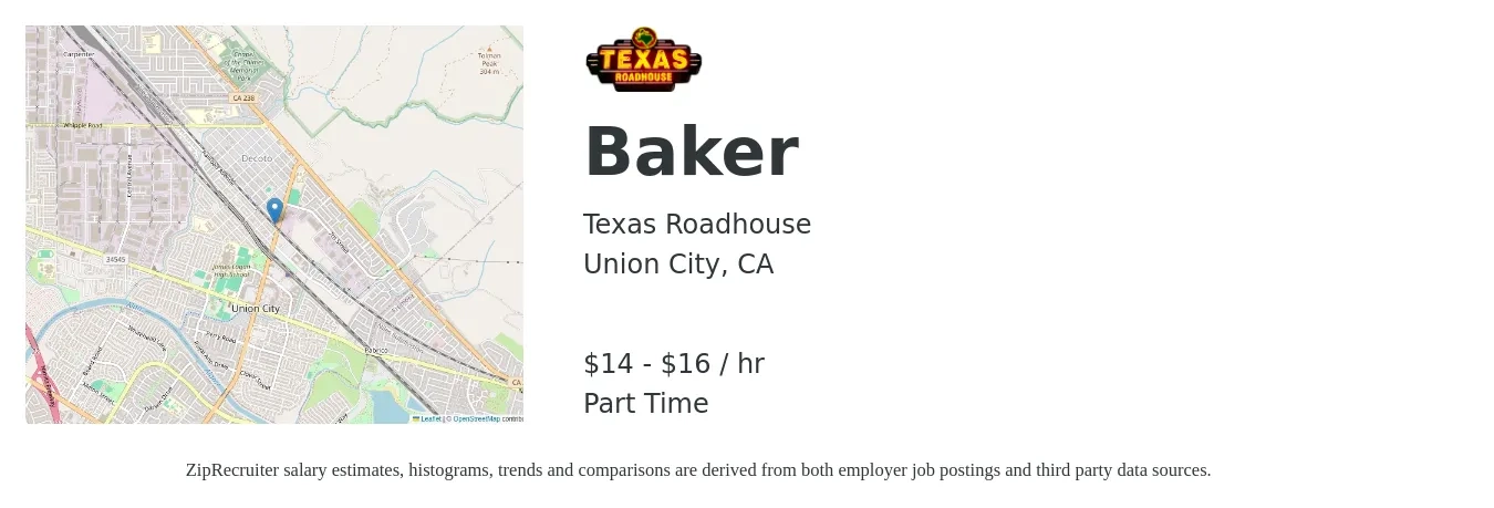 Texas Roadhouse job posting for a Baker in Union City, CA with a salary of $16 to $17 Hourly with a map of Union City location.