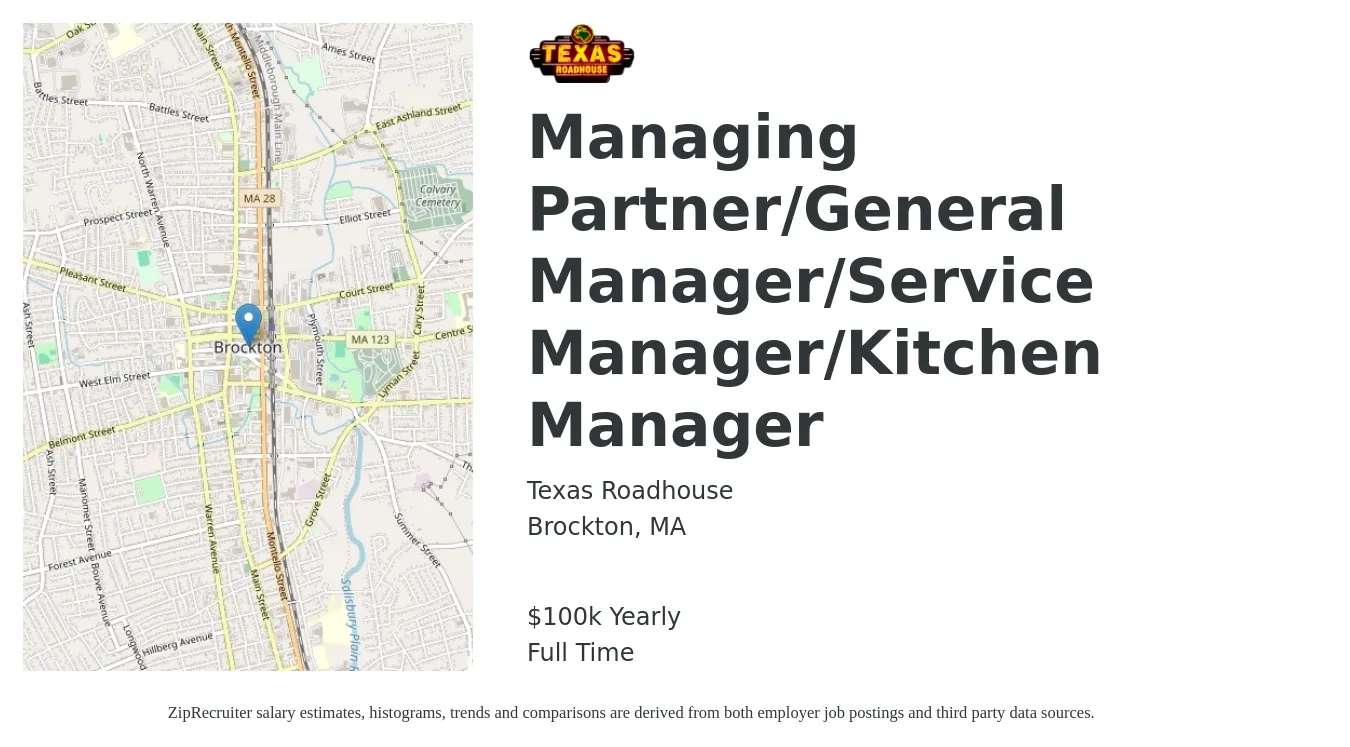 Texas Roadhouse job posting for a Managing Partner/General Manager, Service Manager & Kitchen Manager in Brockton, MA with a salary of $100,000 Yearly with a map of Brockton location.