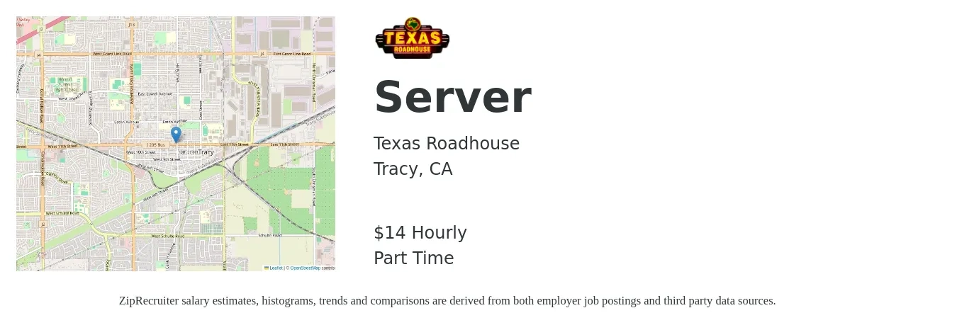 Texas Roadhouse job posting for a Server in Tracy, CA with a salary of $16 Hourly with a map of Tracy location.