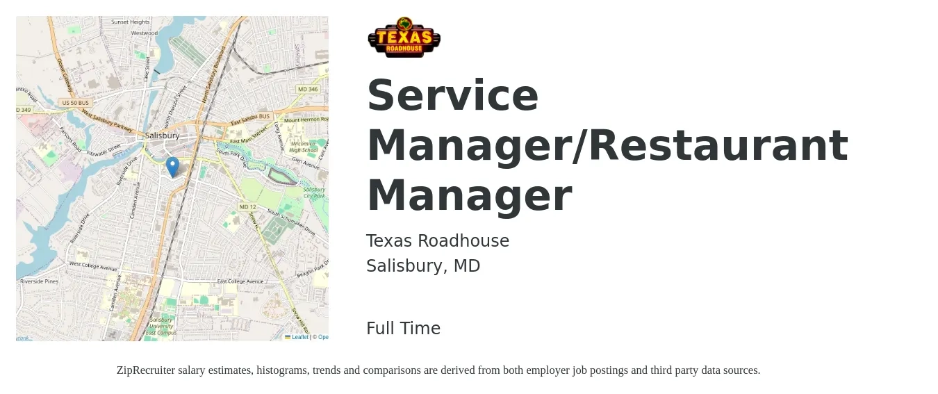 Texas Roadhouse job posting for a Service Manager/Restaurant Manager in Salisbury, MD with a salary of $55,000 to $65,000 Yearly with a map of Salisbury location.