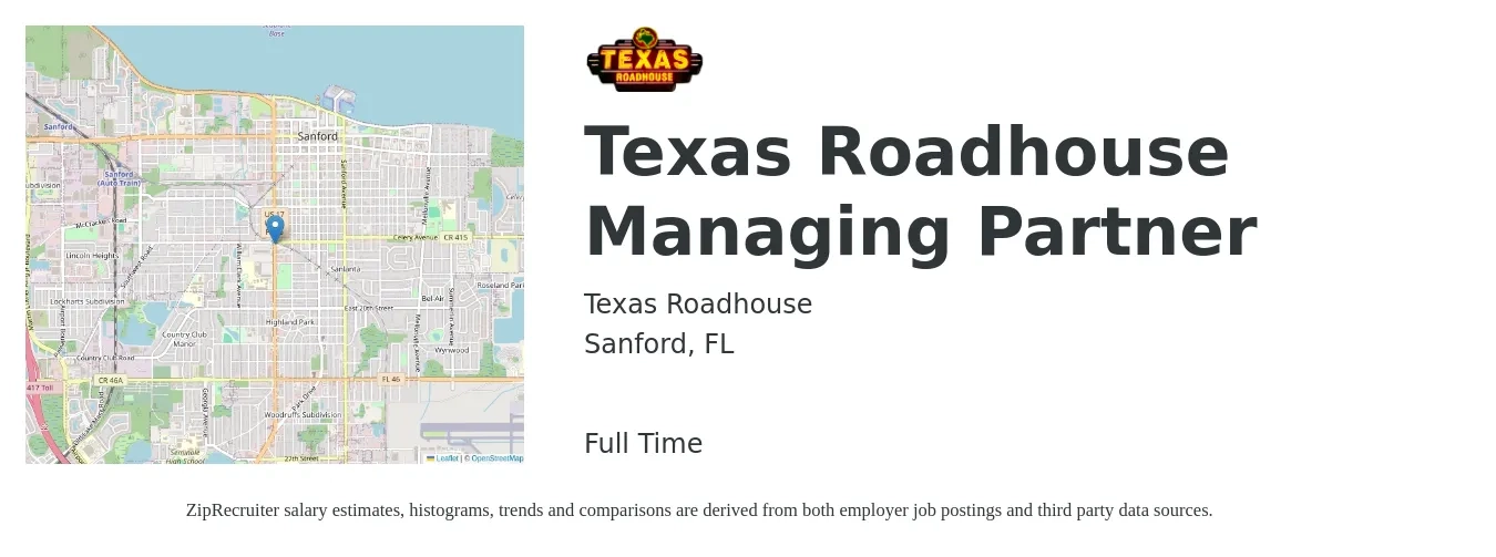 Texas Roadhouse job posting for a Texas Roadhouse Managing Partner in Sanford, FL with a salary of $5,250 Monthly with a map of Sanford location.