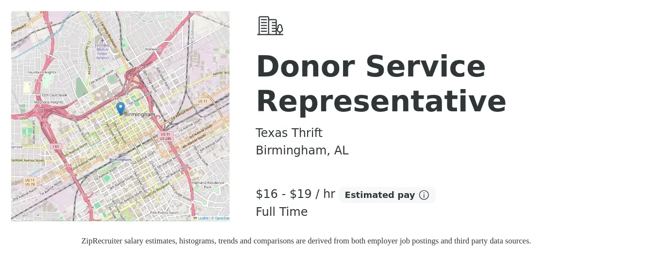 Texas Thrift job posting for a Donor Service Representative in Birmingham, AL with a salary of $17 to $20 Hourly with a map of Birmingham location.
