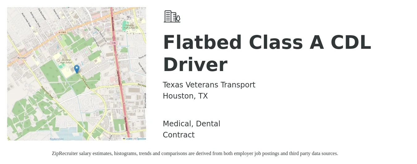 Texas Veterans Transport job posting for a Flatbed Class A CDL Driver in Houston, TX with a salary of $1,600 to $1,900 Weekly and benefits including medical, and dental with a map of Houston location.