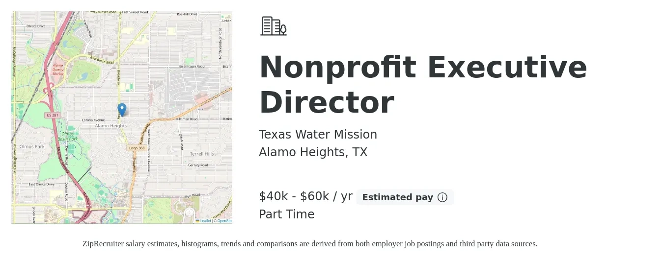 Texas Water Mission job posting for a Nonprofit Executive Director in Alamo Heights, TX with a salary of $40,000 to $60,000 Yearly with a map of Alamo Heights location.