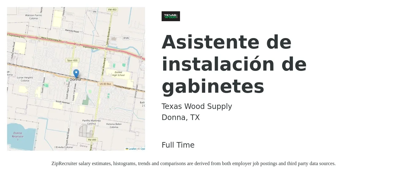 Texas Wood Supply job posting for a Asistente de instalación de gabinetes in Donna, TX with a salary of $18 to $25 Hourly with a map of Donna location.