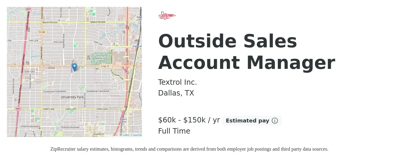 Textrol Inc. job posting for a Outside Sales Account Manager in Dallas, TX with a salary of $60,000 to $150,000 Yearly (plus commission) and benefits including pto, and retirement with a map of Dallas location.