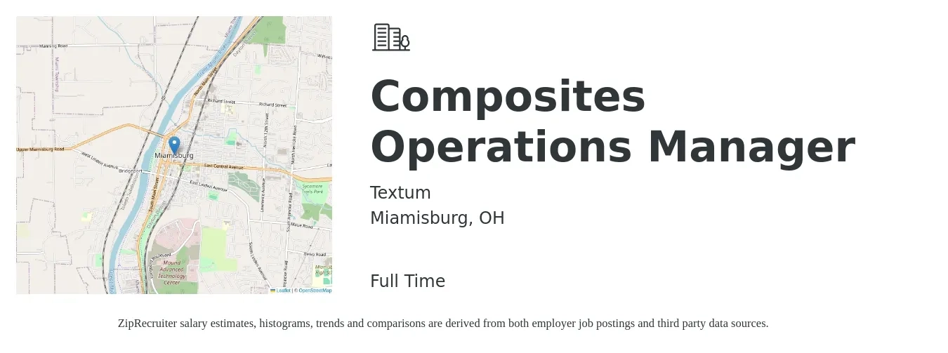 Textum job posting for a Composites Operations Manager in Miamisburg, OH with a salary of $70,400 to $115,300 Yearly with a map of Miamisburg location.
