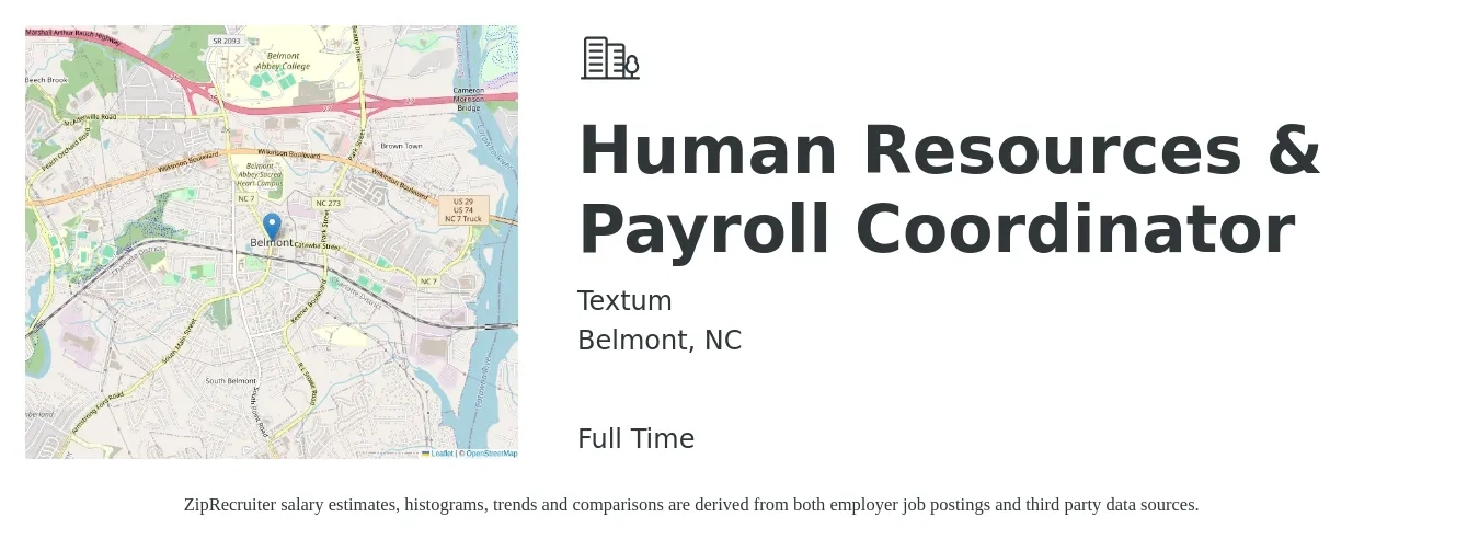 Textum job posting for a Human Resources & Payroll Coordinator in Belmont, NC with a salary of $20 to $26 Hourly with a map of Belmont location.