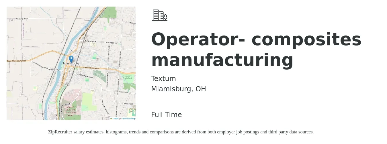 Textum job posting for a Operator- composites manufacturing in Miamisburg, OH with a salary of $16 to $19 Hourly with a map of Miamisburg location.